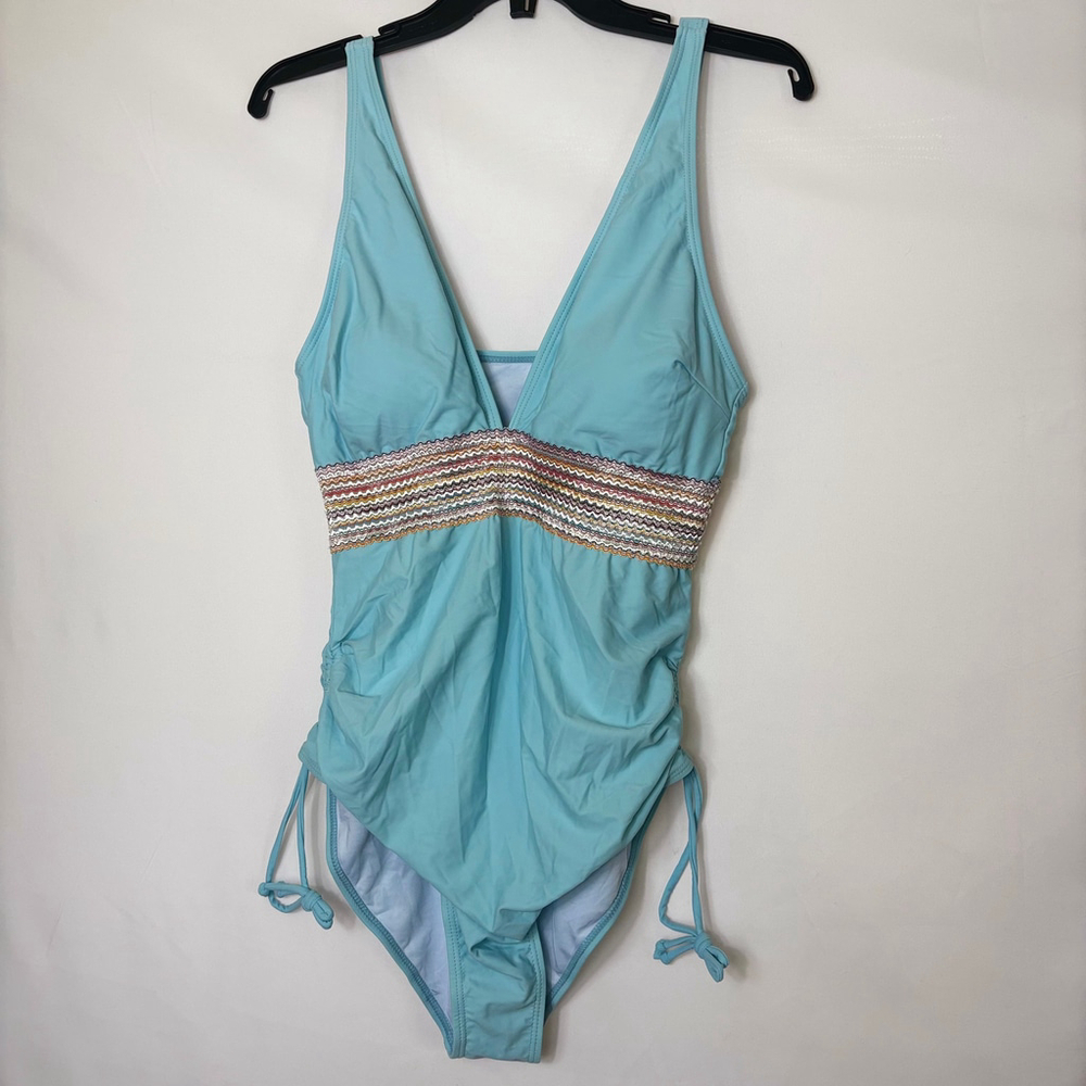 Turquoise One-Piece Swimsuit Size L Ocean Blue With Vintage Camera Strap Stripe - Picture 1 of 5